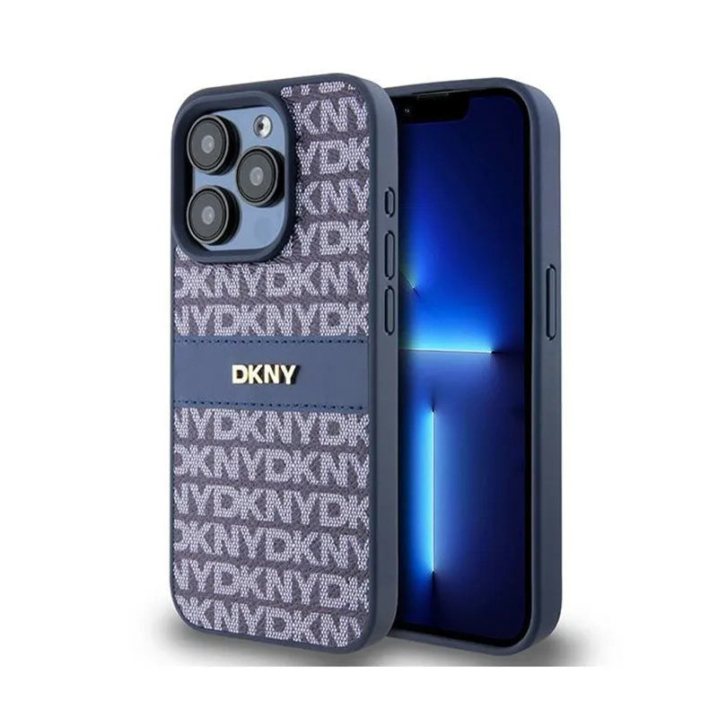 DKNY Odinis mono juostelės ir metalo logotipas - dėklas, skirtas iPhone 15 Pro (mėlynas)