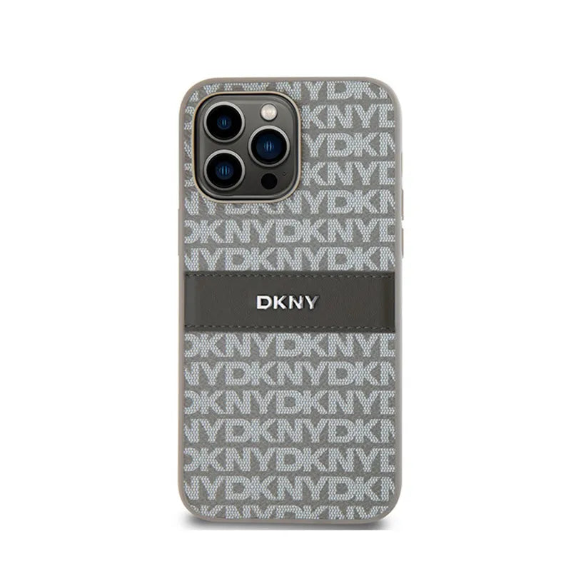 DKNY Odinis "Mono Stripe & Metal Logo" dėklas, skirtas "iPhone 14 Pro Max" (smėlio spalvos)
