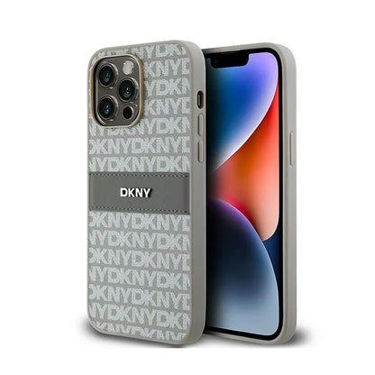 DKNY Odinis Vienguba Juostelė ir Metalinis Logotipas - iPhone 14 Pro Dėklas (smėlio spalvos)