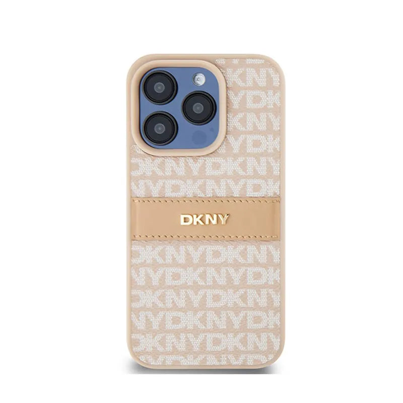 DKNY odos dėklas su vienspalve juostele ir metaliniu logotipu – iPhone 15 Pro (rožinis)