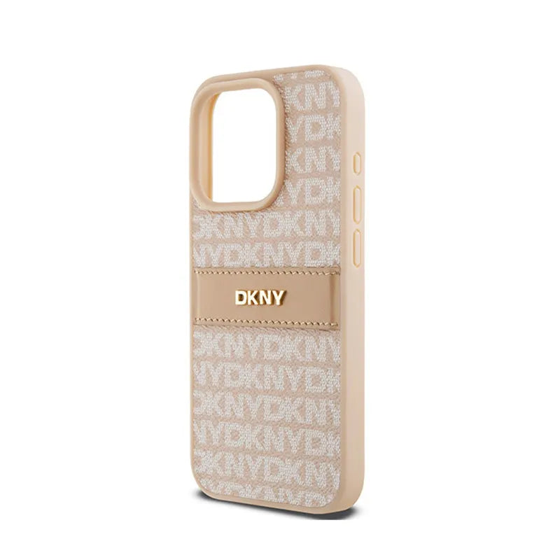 DKNY odos dėklas su vienspalve juostele ir metaliniu logotipu – iPhone 15 Pro (rožinis)