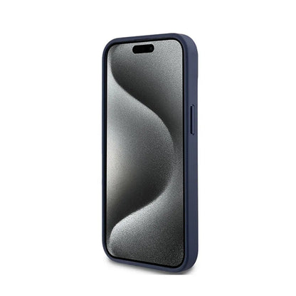 DKNY odos dėklas su vienspalve juostele ir metaliniu logotipu – skirtas iPhone 15 / 14 / 13 (mėlynas)
