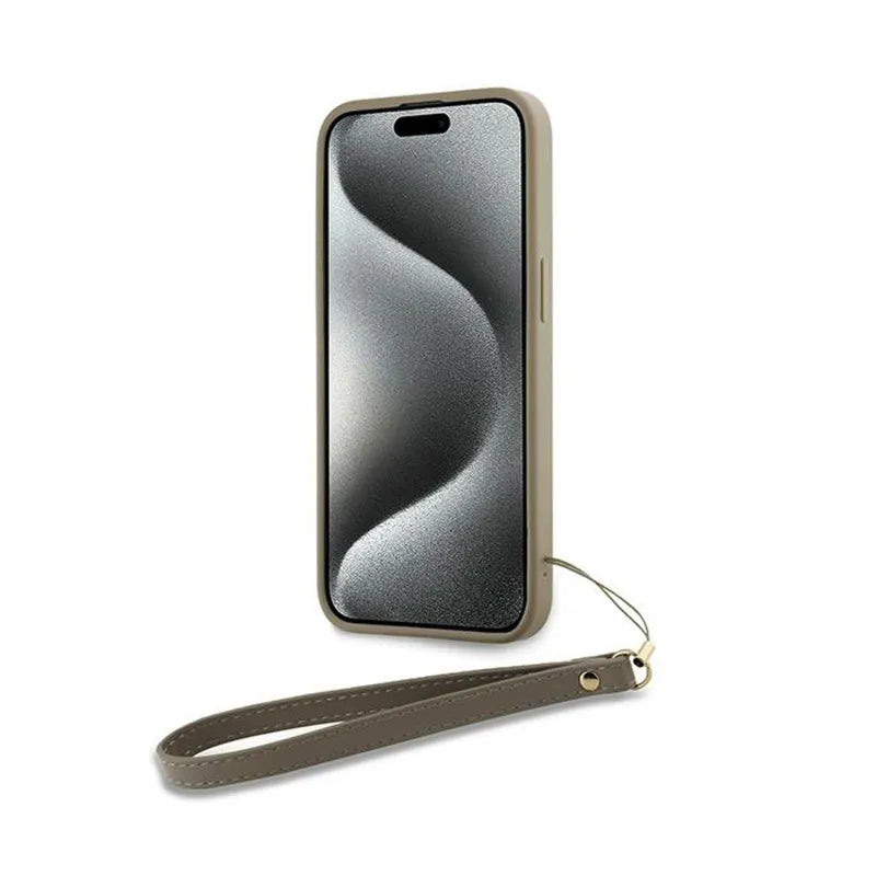 DKNY riešo dirželio logotipas - dėklas iPhone 15 Plus (smėlio spalvos)