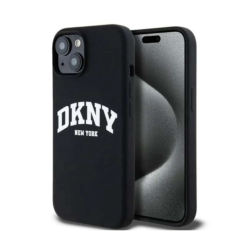 DKNY skystas silikonas baltas spausdintas logotipas MagSafe - dėklas, skirtas iPhone 15 Plus / 14 Plus (juodas)