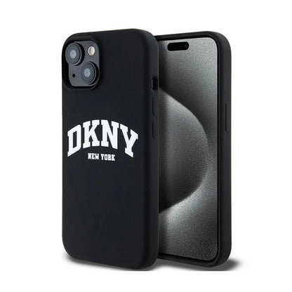 DKNY skystas silikonas baltas spausdintas logotipas MagSafe - dėklas, skirtas iPhone 15 Plus / 14 Plus (juodas)
