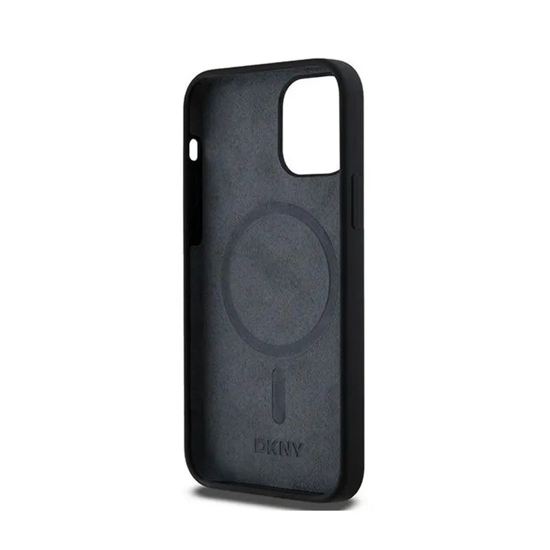 DKNY skystas silikonas su baltu atspausdintu logotipu MagSafe – dėklas skirtas iPhone 12 / iPhone 12 Pro (juodas)