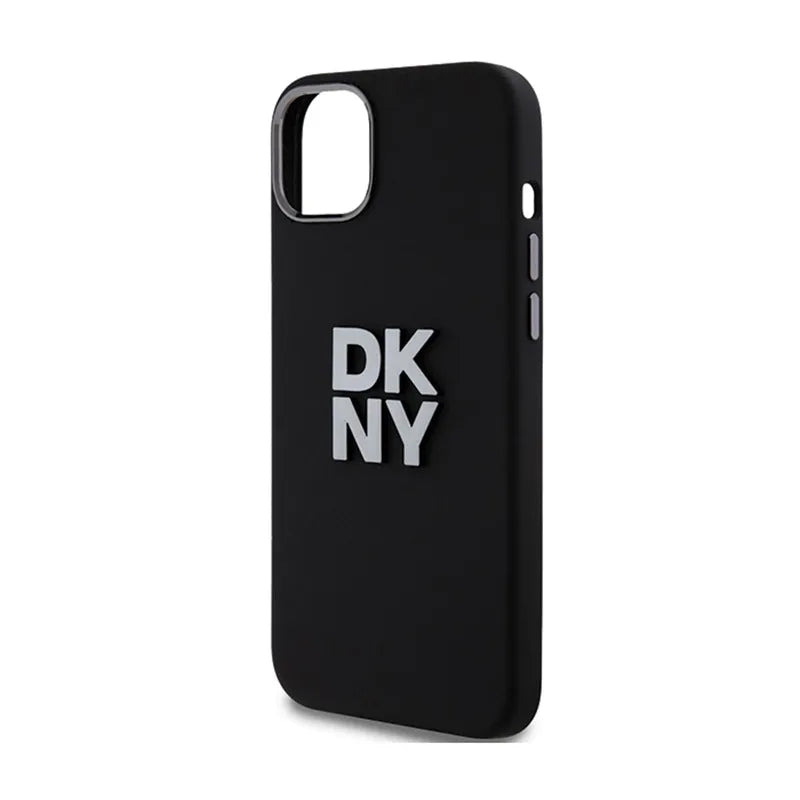 DKNY skystas silikonas su metaliniu logotipu – dėklas iPhone 15 Plus / 14 Plus (juodas)