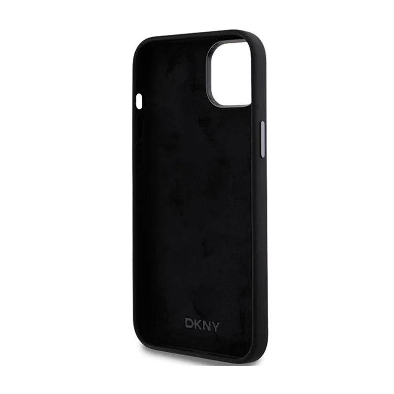 DKNY skystas silikonas su metaliniu logotipu – dėklas iPhone 15 Plus / 14 Plus (juodas)