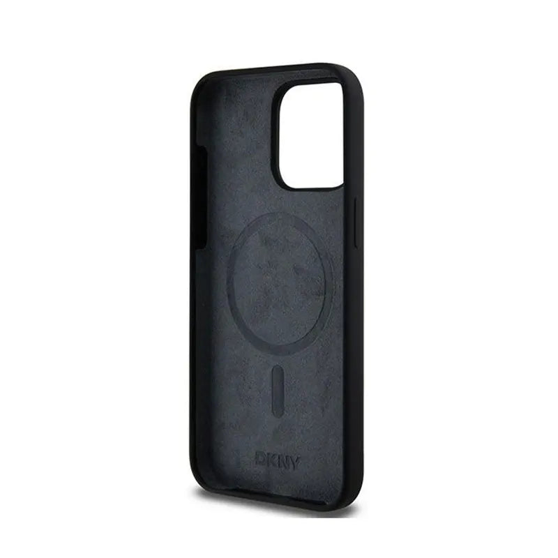 DKNY Skysto silikono dėklas su baltu atspausdintu logotipu ir MagSafe, skirtas iPhone 15 Pro Max (juodas)