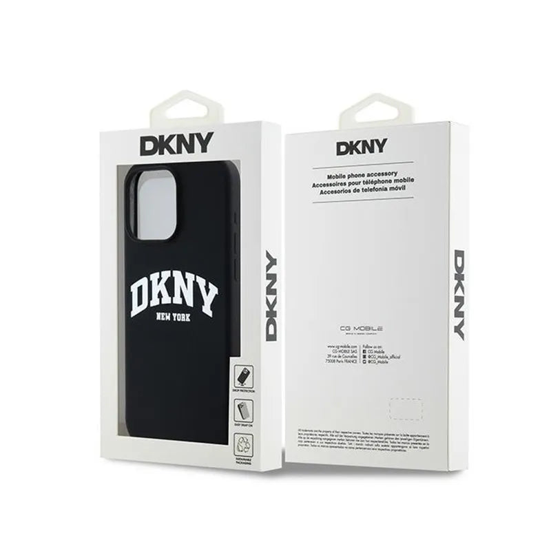 DKNY Skysto silikono dėklas su baltu atspausdintu logotipu ir MagSafe, skirtas iPhone 15 Pro Max (juodas)