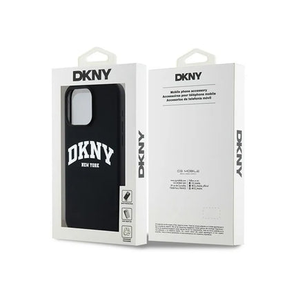 DKNY Skysto silikono dėklas su baltu atspausdintu logotipu ir MagSafe, skirtas iPhone 15 Pro Max (juodas)