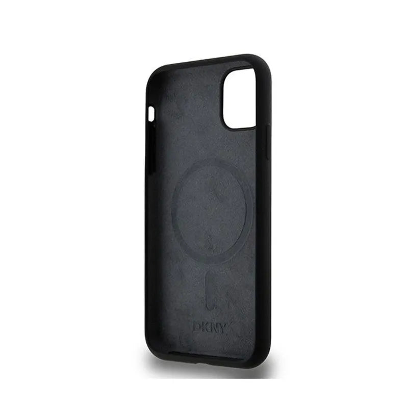 DKNY Skysto silikono dėklas su baltu logotipu, MagSafe, skirtas iPhone 11 (juodas)