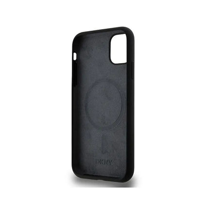 DKNY Skysto silikono dėklas su baltu logotipu, MagSafe, skirtas iPhone 11 (juodas)