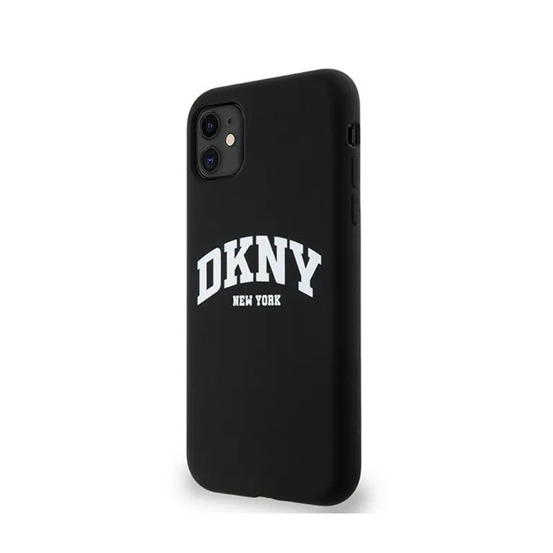 DKNY Skysto silikono dėklas su baltu logotipu, MagSafe, skirtas iPhone 11 (juodas)