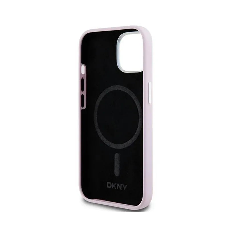 DKNY skysto silikono mažo metalo logotipo MagSafe – dėklas, skirtas „iPhone 15“ / 14 / 13 (rožinis)