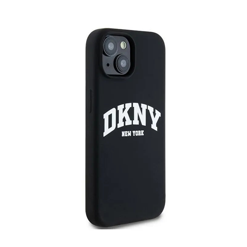 DKNY Skysto silikono su baltu atspausdintu logotipu MagSafe - Dėklas skirtas iPhone 15 / 14 / 13 (juodas)