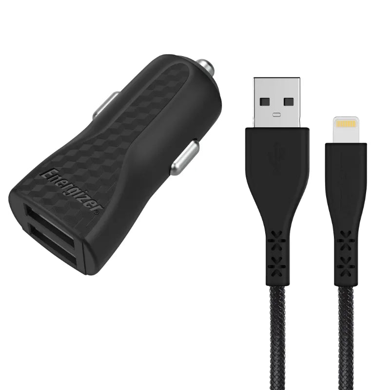 Energizer HardCase - Automobilinis įkroviklis 2x USB-A 17W 3.4A + MFi sertifikuotas Lightning laidas (juodas)