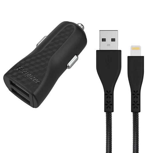 Energizer HardCase - Automobilinis įkroviklis 2x USB-A 17W 3.4A + MFi sertifikuotas Lightning laidas (juodas)
