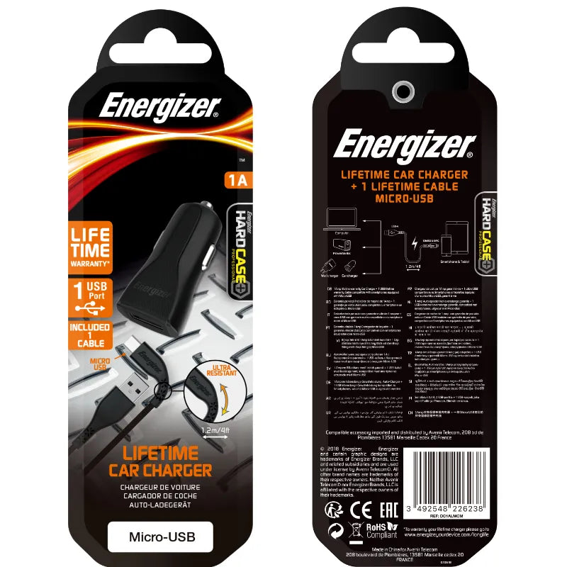Energizer HardCase – USB-A 1A automobilinis įkroviklis + Micro USB kabelis (juodas)