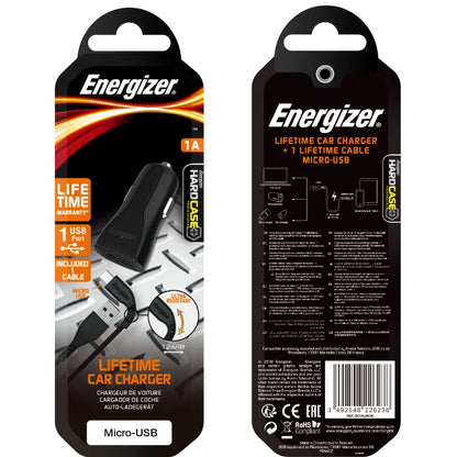 Energizer HardCase – USB-A 1A automobilinis įkroviklis + Micro USB kabelis (juodas)