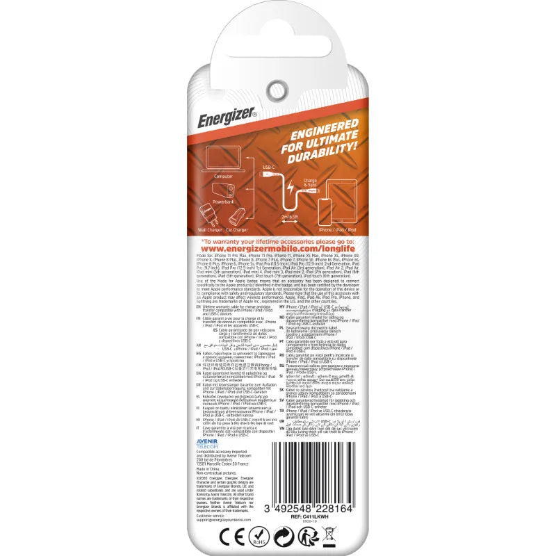 Energizer HardCase - USB-C į Lightning jungties kabelis MFi sertifikuotas 1.2m (Baltas)