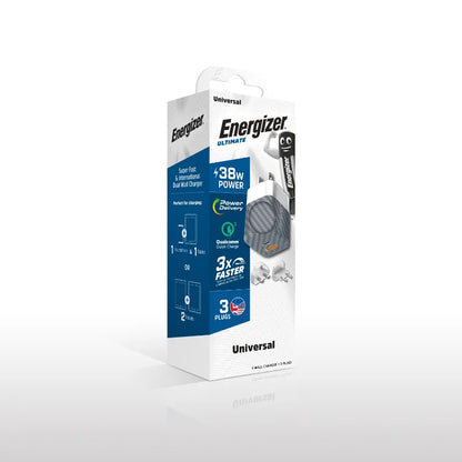 Energizer Ultimate – daugiafunkcis EU / UK / US tinklo įkroviklis GaN 38W PD + QC3.0 (sidabrinis)