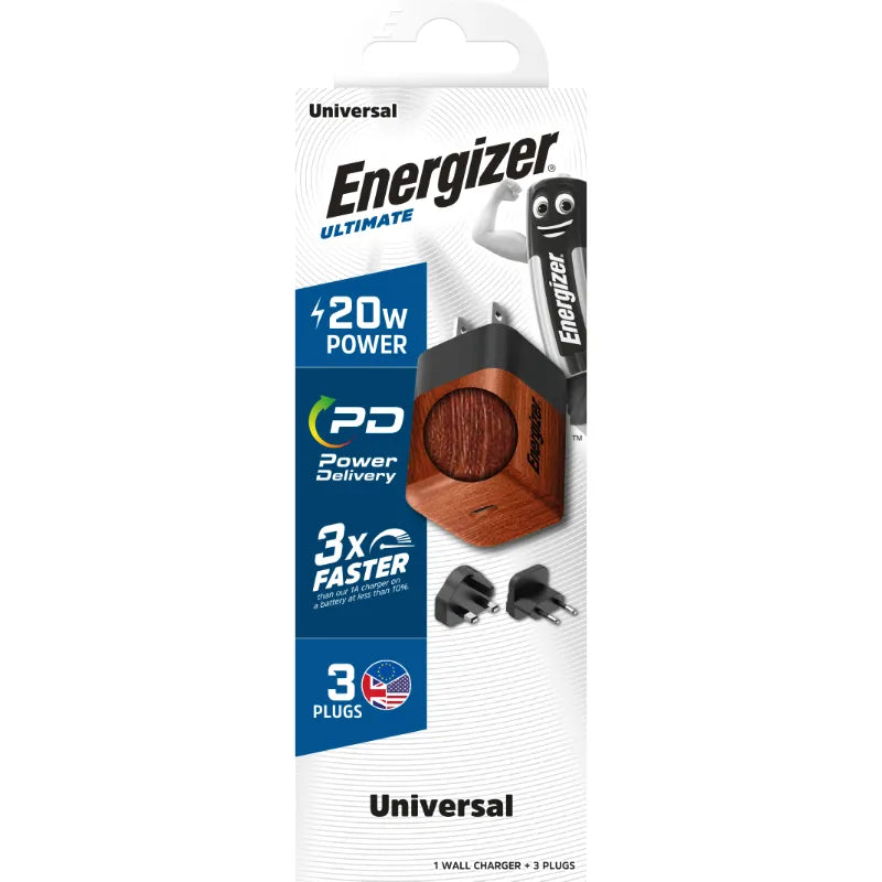Energizer Ultimate – Daugiašakotis EU / UK / US GaN 20W PD tinklo įkroviklis (Graikinis riešutas)