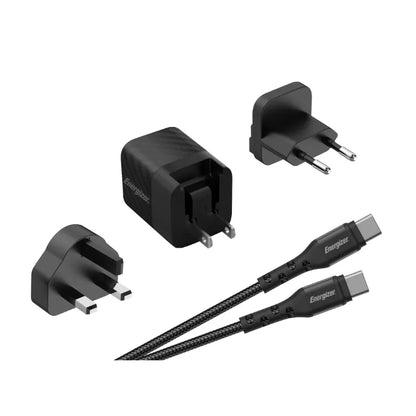 Energizer Ultimate - Multi-lizdas ES / UK / US GaN 20W PD sieninis įkroviklis + USB-C laidas (juodas)