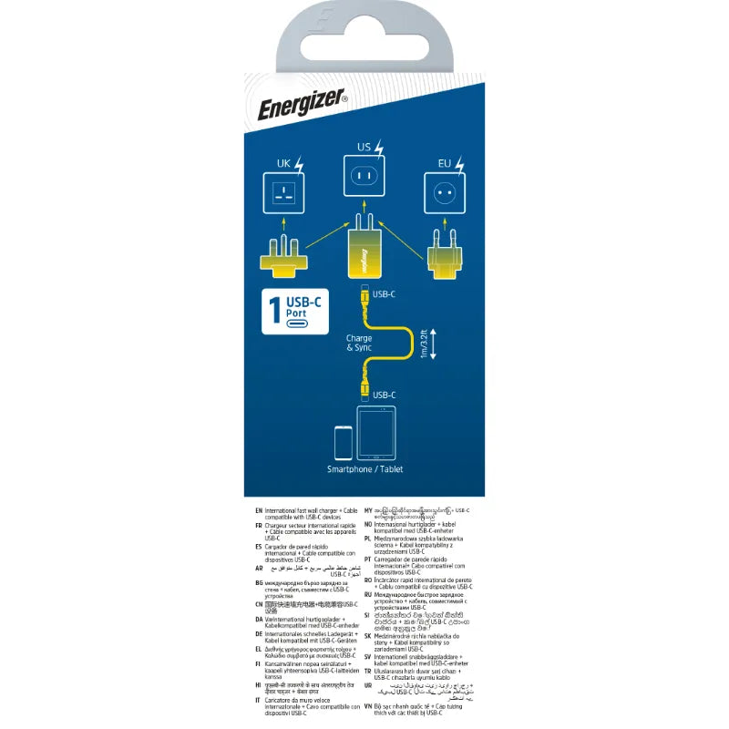 Energizer Ultimate - Multi-lizdas ES / UK / US GaN 20W PD sieninis įkroviklis + USB-C laidas (juodas)