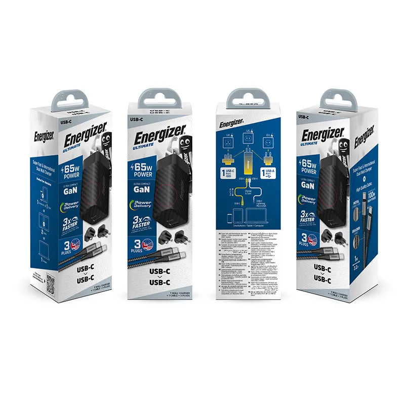 Energizer Ultimate – Multiplug EU / UK / US GaN USB-C & USB-A 65W PD tinklo įkroviklis + USB-C laidas (juodas)