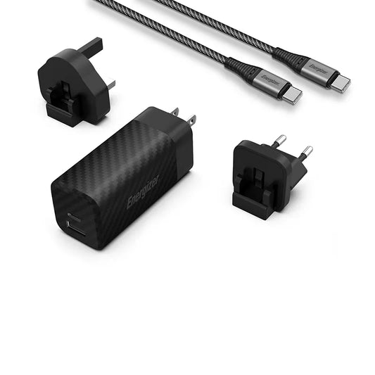 Energizer Ultimate – Multiplug EU / UK / US GaN USB-C & USB-A 65W PD tinklo įkroviklis + USB-C laidas (juodas)