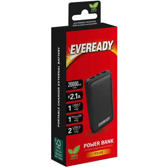 Eveready PX20B – išorinė baterija 20000 mAh, 2x USB-A (juoda)