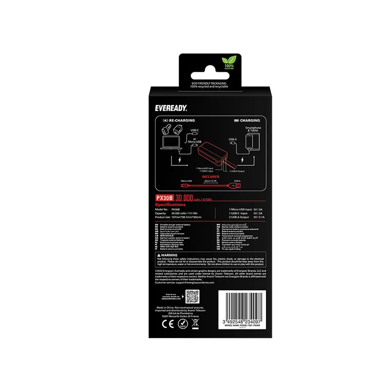 Eveready PX30B - Powerbank 30000 mAh 2x USB-A (Juoda)