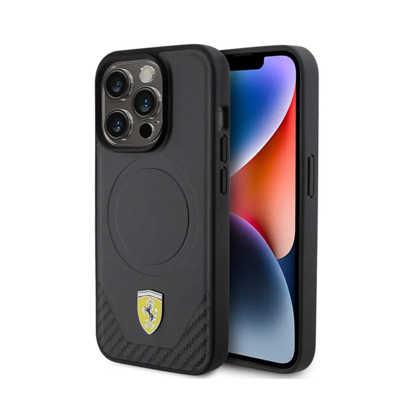 Ferrari Carbon Metal Logo MagSafe – dėklas, skirtas iPhone 15 Pro (juodas)