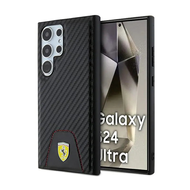 Ferrari Carbon Stitched Bottom – dėklas, skirtas Samsung Galaxy S24 Ultra (juodas)