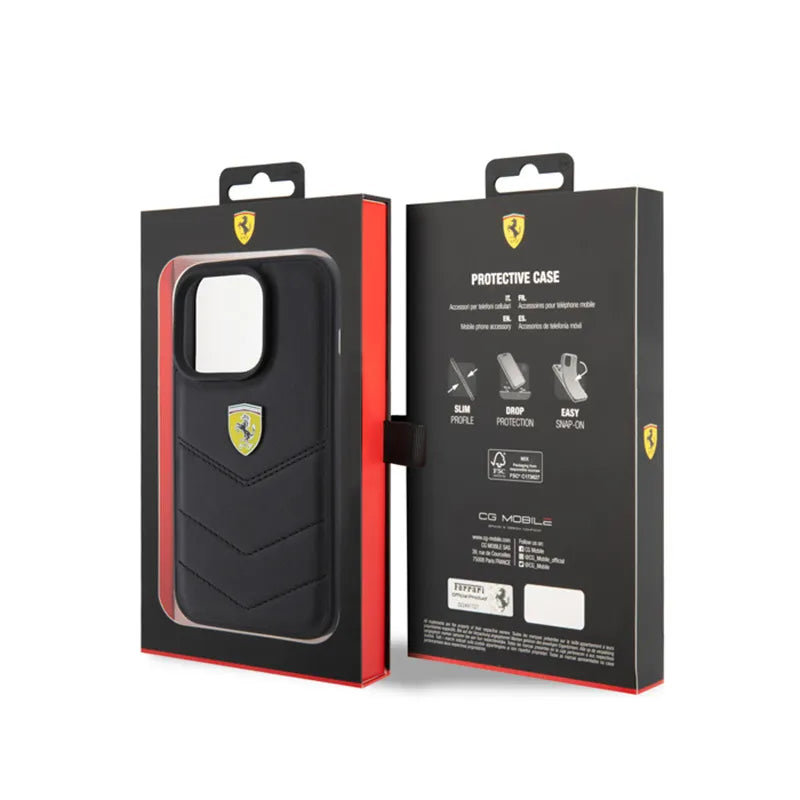 Ferrari dygsniuotas metalo logotipas – dėklas, skirtas iPhone 15 Pro (juodas)