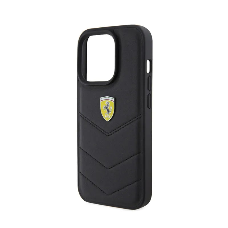 Ferrari dygsniuotas metalo logotipas – dėklas, skirtas iPhone 15 Pro (juodas)