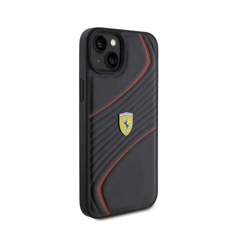 „Ferrari Twist Metal Logo“ – dėklas, skirtas „iPhone 15 Plus“ (juoda spalva)
