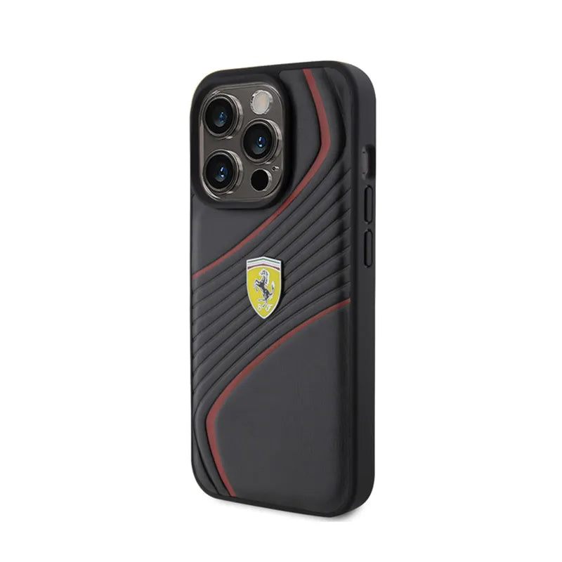 Ferrari Twist Metal Logo – dėklas, skirtas „iPhone 15 Pro“ (juodas)