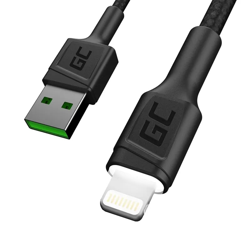 „Green Cell Ray“ USB-A – „Lightning“ baltas LED 200 cm laidas su „Apple“ 2,4 A greitojo įkrovimo palaikymu