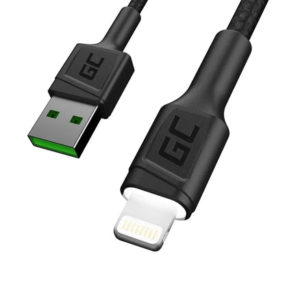 „Green Cell Ray“ USB-A – „Lightning“ baltas LED 200 cm laidas su „Apple“ 2,4 A greitojo įkrovimo palaikymu