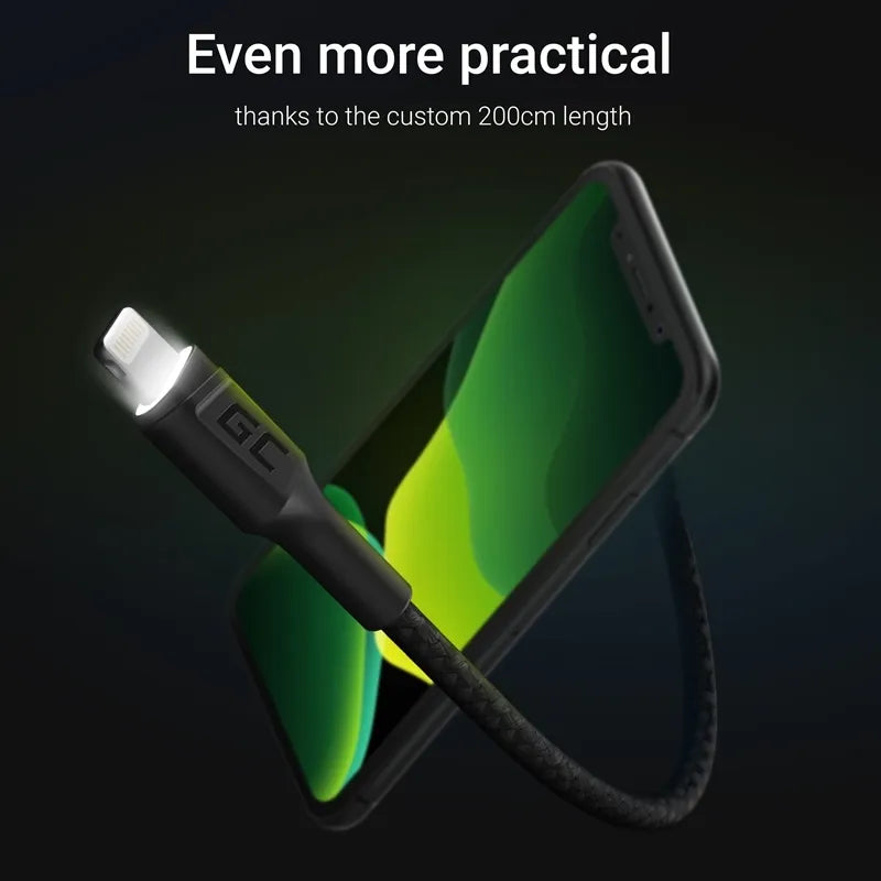 „Green Cell Ray“ USB-A – „Lightning“ baltas LED 200 cm laidas su „Apple“ 2,4 A greitojo įkrovimo palaikymu