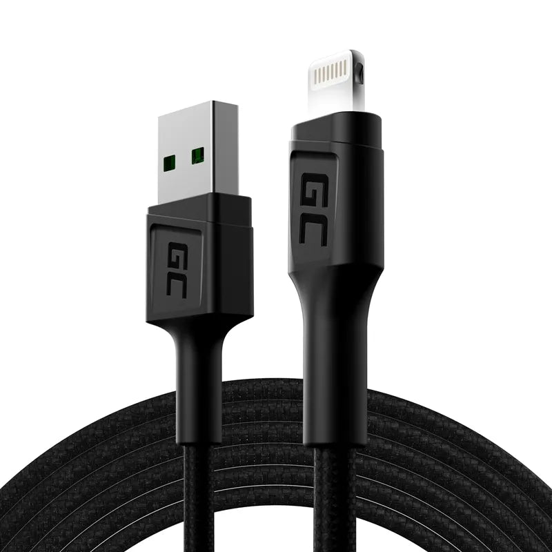 „Green Cell Ray“ USB-A – „Lightning“ baltas LED 200 cm laidas su „Apple“ 2,4 A greitojo įkrovimo palaikymu
