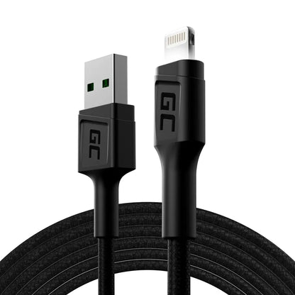 „Green Cell Ray“ USB-A – „Lightning“ baltas LED 200 cm laidas su „Apple“ 2,4 A greitojo įkrovimo palaikymu