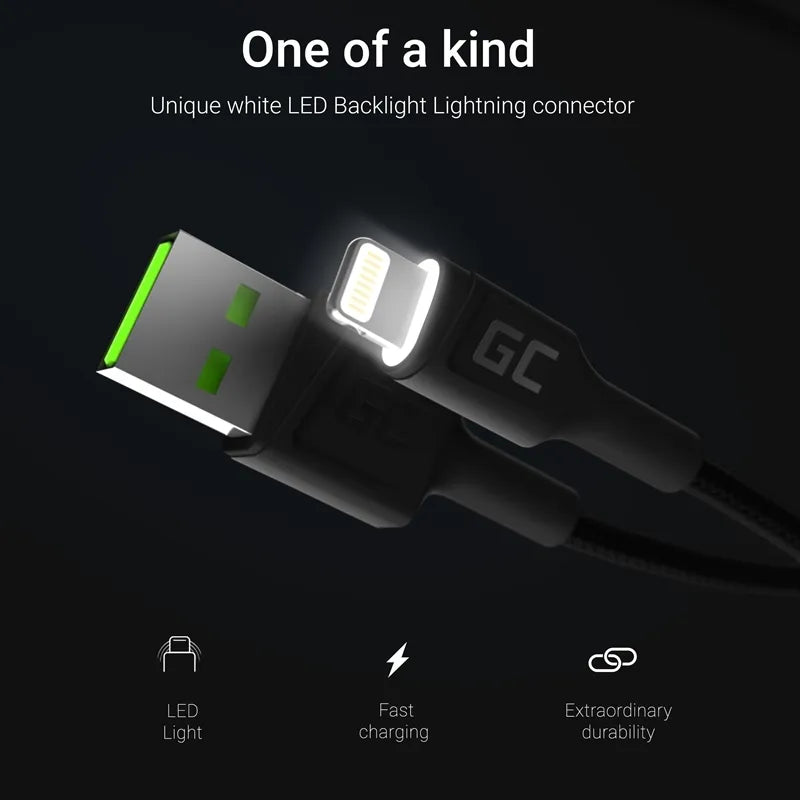 „Green Cell Ray“ USB-A – „Lightning“ baltas LED 200 cm laidas su „Apple“ 2,4 A greitojo įkrovimo palaikymu