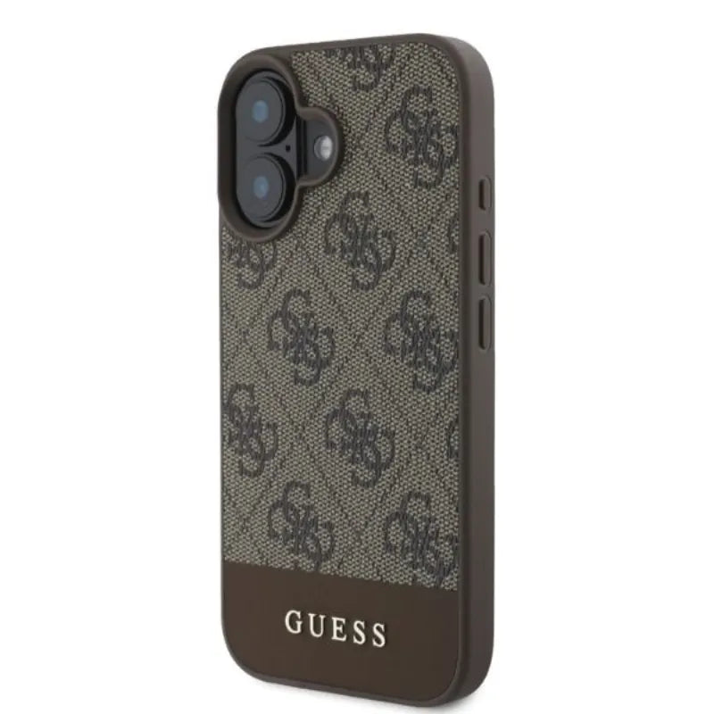 Guess 4G Apatinis dryžuotas dėklas, skirtas iPhone 16 (rudas)