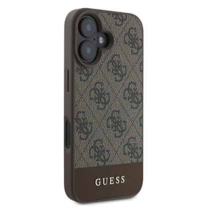 Guess 4G Apatinis dryžuotas dėklas, skirtas iPhone 16 (rudas)