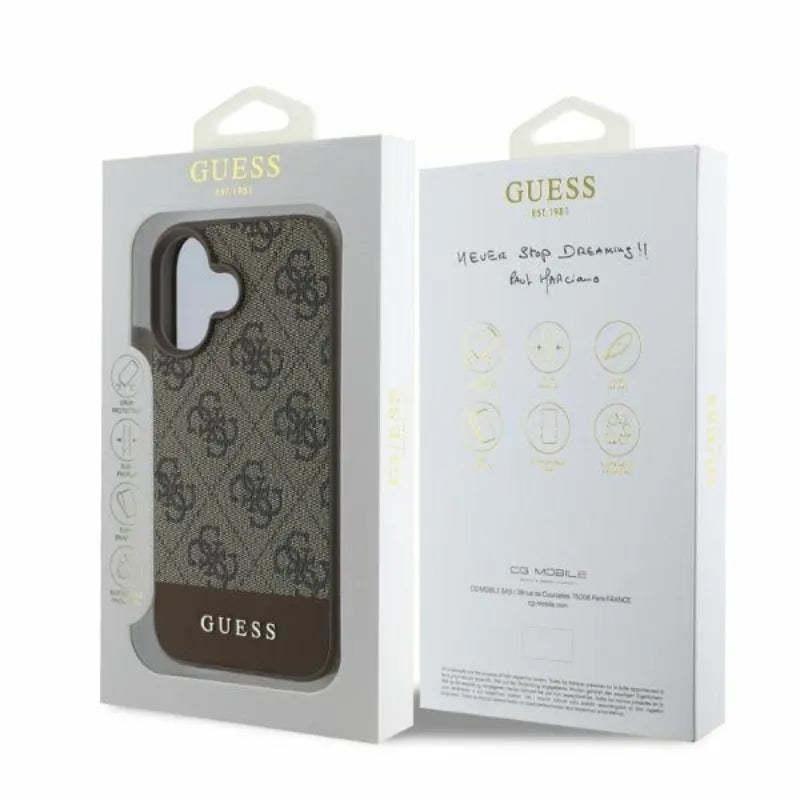Guess 4G Apatinis dryžuotas dėklas, skirtas iPhone 16 (rudas)