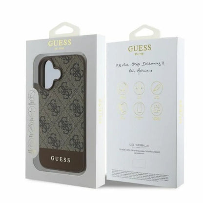 Guess 4G Apatinis dryžuotas dėklas, skirtas iPhone 16 (rudas)