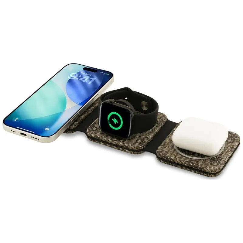Guess 4G belaidis įkroviklis – „MagSafe“ 3-viename belaidis įkroviklis, skirtas iPhone, AirPods ir Apple Watch 15W (rudos spalvos)